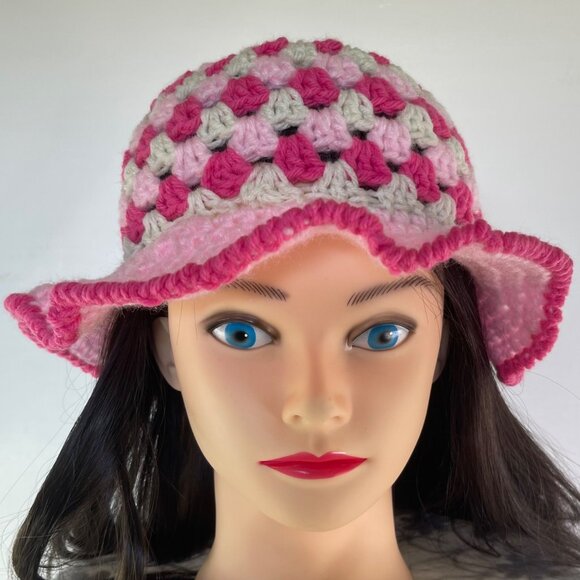 Crochet Bucket Hat Granny Square Pattern Pink and White Adult Size Handmade